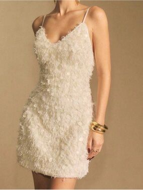 New Women's Feather-Texture & Sequin Ivory Spaghetti Strap Mini Dress- Small